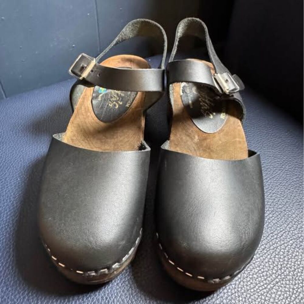 Lotta From Stockholm Black Leather Swedish Wood Clogs Slingback Size 8 (38)
